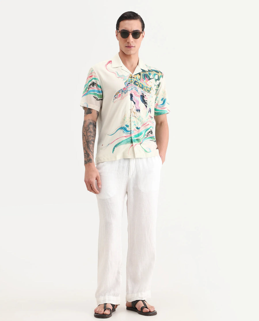 Rare Rabbit Men's Hani Off White Viscose Fabric Half Sleeve Cuban Collar Regular Fit Abstract Print Shirt
