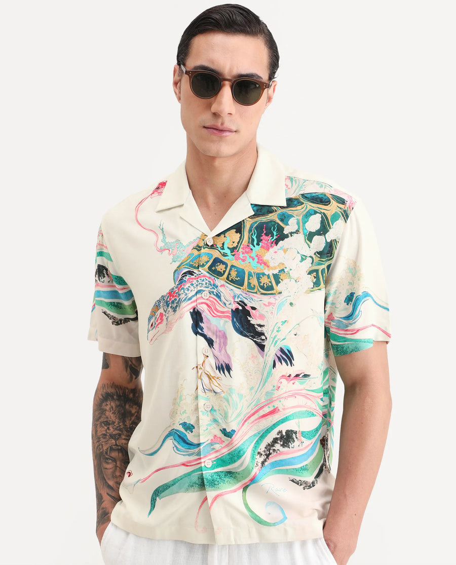 Rare Rabbit Men's Hani Off White Viscose Fabric Half Sleeve Cuban Collar Regular Fit Abstract Print Shirt