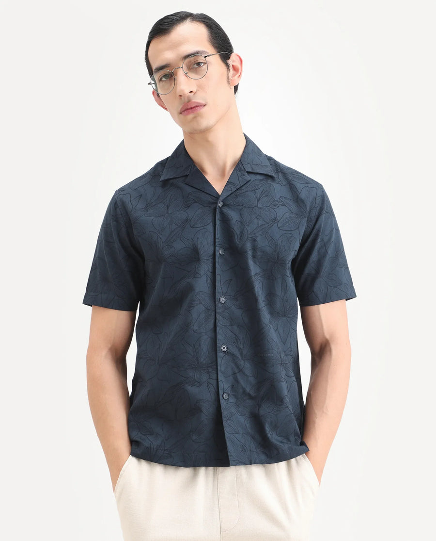 Rare Rabbit Men's Zyrn Navy Cotton Blend Half Sleeve Cuban Collar Regular Fit Jacquard Shirt