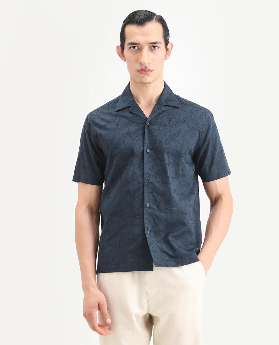 Rare Rabbit Men's Zyrn Navy Cotton Blend Half Sleeve Cuban Collar Regular Fit Jacquard Shirt