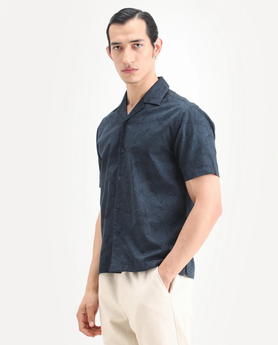 Rare Rabbit Men's Zyrn Navy Cotton Blend Half Sleeve Cuban Collar Regular Fit Jacquard Shirt
