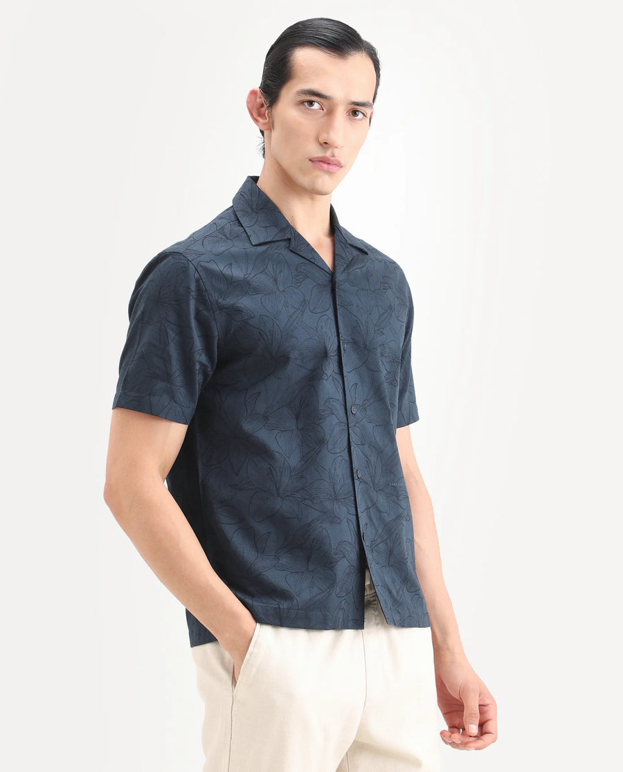 Rare Rabbit Men's Zyrn Navy Cotton Blend Half Sleeve Cuban Collar Regular Fit Jacquard Shirt