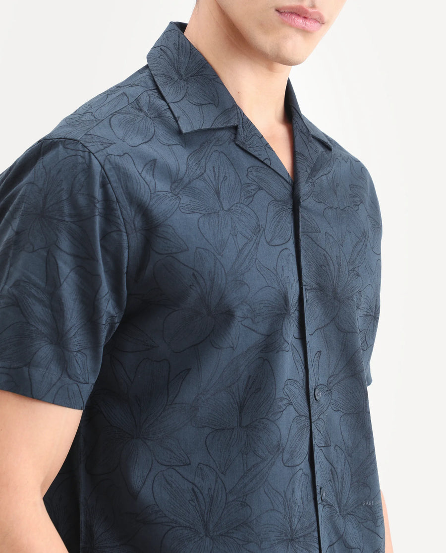 Rare Rabbit Men's Zyrn Navy Cotton Blend Half Sleeve Cuban Collar Regular Fit Jacquard Shirt
