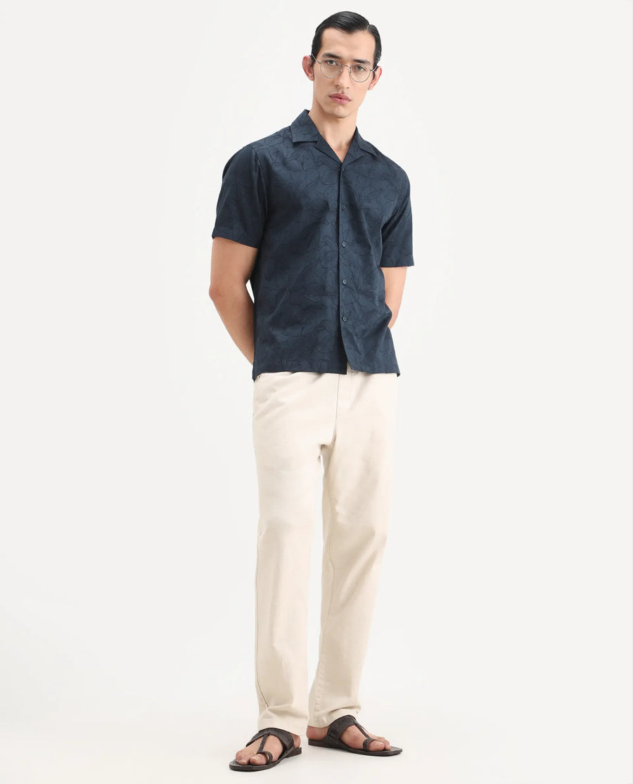 Rare Rabbit Men's Zyrn Navy Cotton Blend Half Sleeve Cuban Collar Regular Fit Jacquard Shirt
