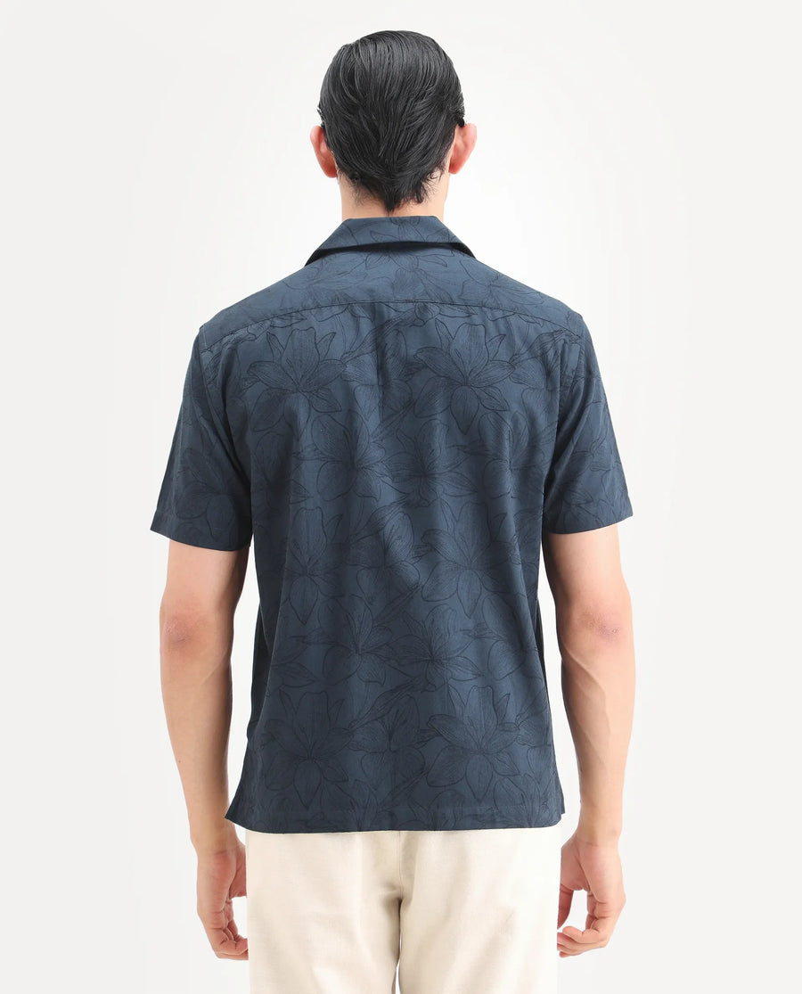 Rare Rabbit Men's Zyrn Navy Cotton Blend Half Sleeve Cuban Collar Regular Fit Jacquard Shirt