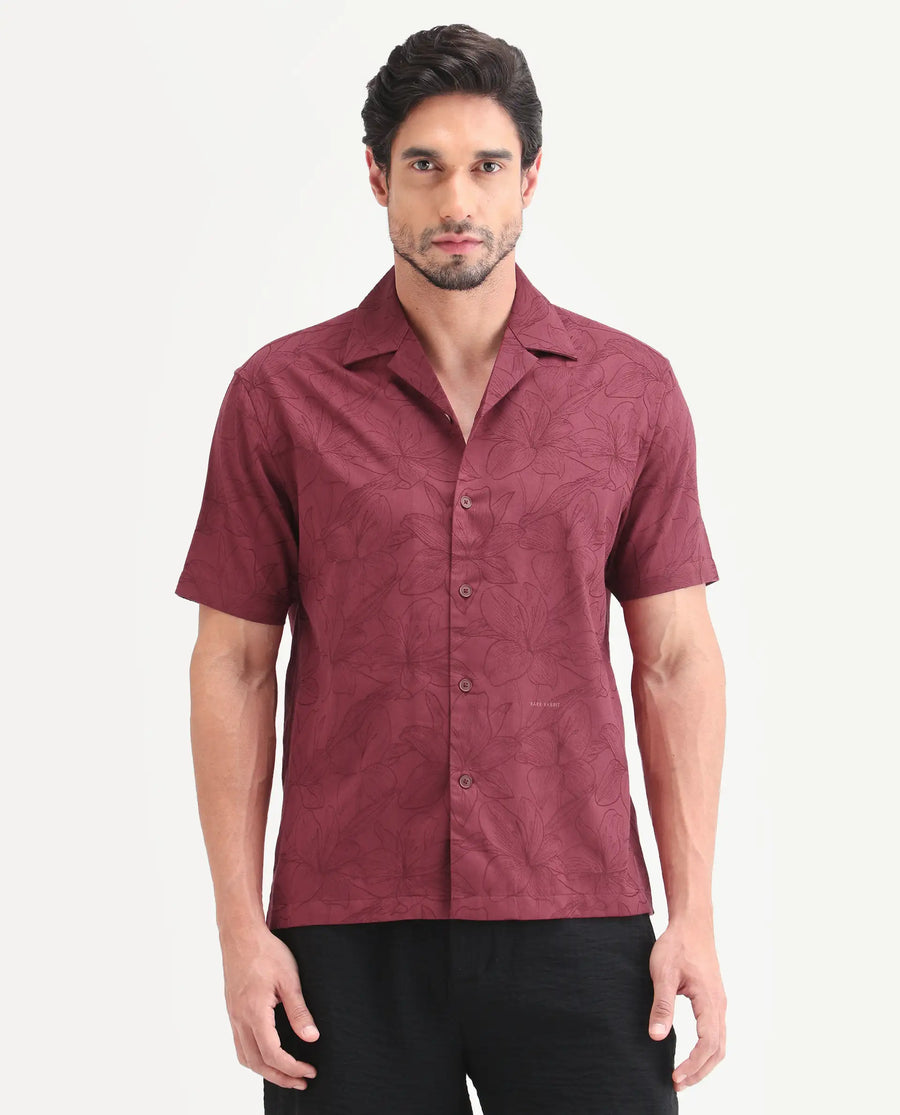 Rare Rabbit Men's Zyrn Red Cotton Blend Half Sleeve Cuban Collar Regular Fit Jacquard Shirt