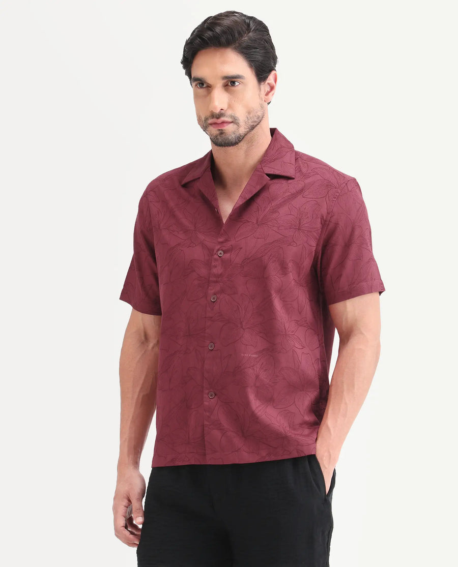 Rare Rabbit Men's Zyrn Red Cotton Blend Half Sleeve Cuban Collar Regular Fit Jacquard Shirt