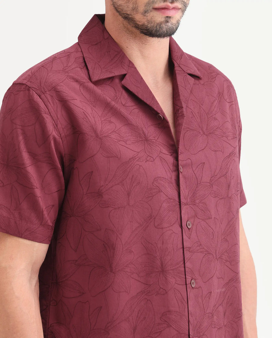 Rare Rabbit Men's Zyrn Red Cotton Blend Half Sleeve Cuban Collar Regular Fit Jacquard Shirt
