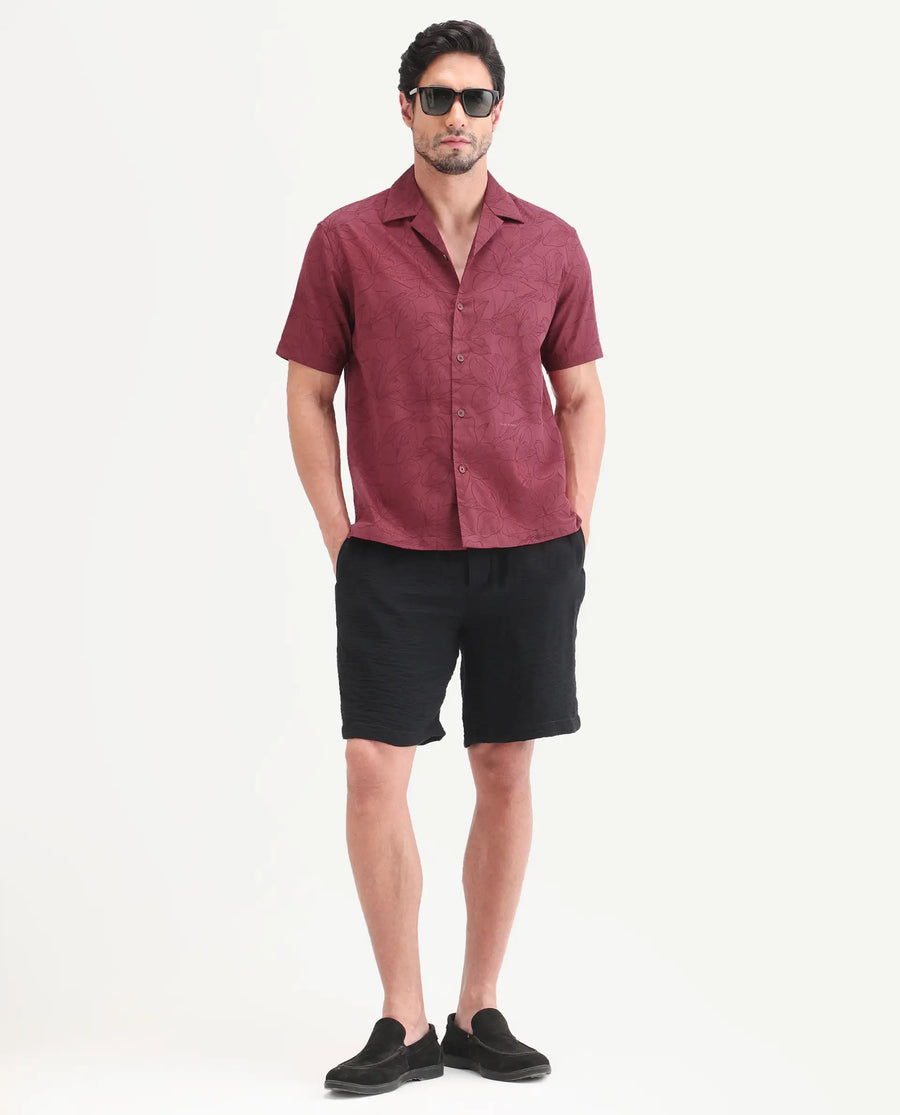 Rare Rabbit Men's Zyrn Red Cotton Blend Half Sleeve Cuban Collar Regular Fit Jacquard Shirt