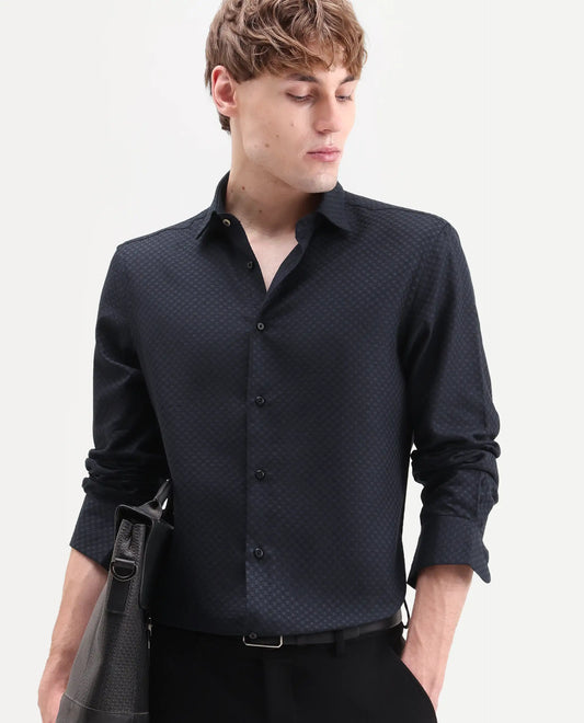 Rare Rabbit Men's Juxe-26-Ls Dark Navy Cotton Fabric Full Sleeve Spread Collar Button Regular Textured Shirt