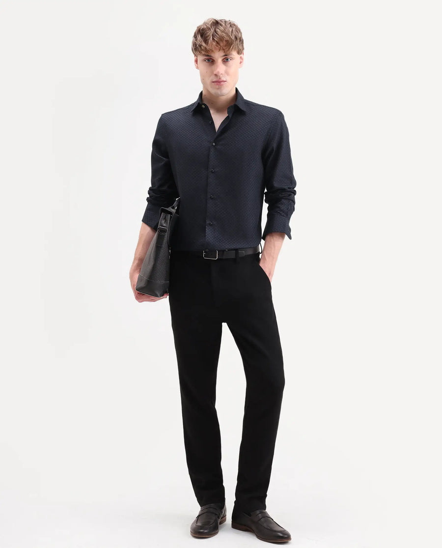 Rare Rabbit Men's Juxe-26-Ls Dark Navy Cotton Fabric Full Sleeve Spread Collar Button Regular Textured Shirt