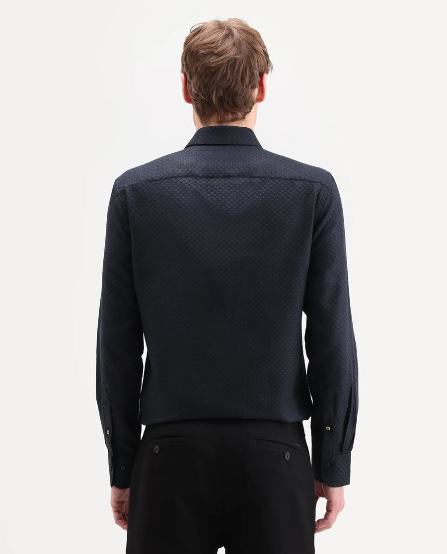 Rare Rabbit Men's Juxe-26-Ls Dark Navy Cotton Fabric Full Sleeve Spread Collar Button Regular Textured Shirt