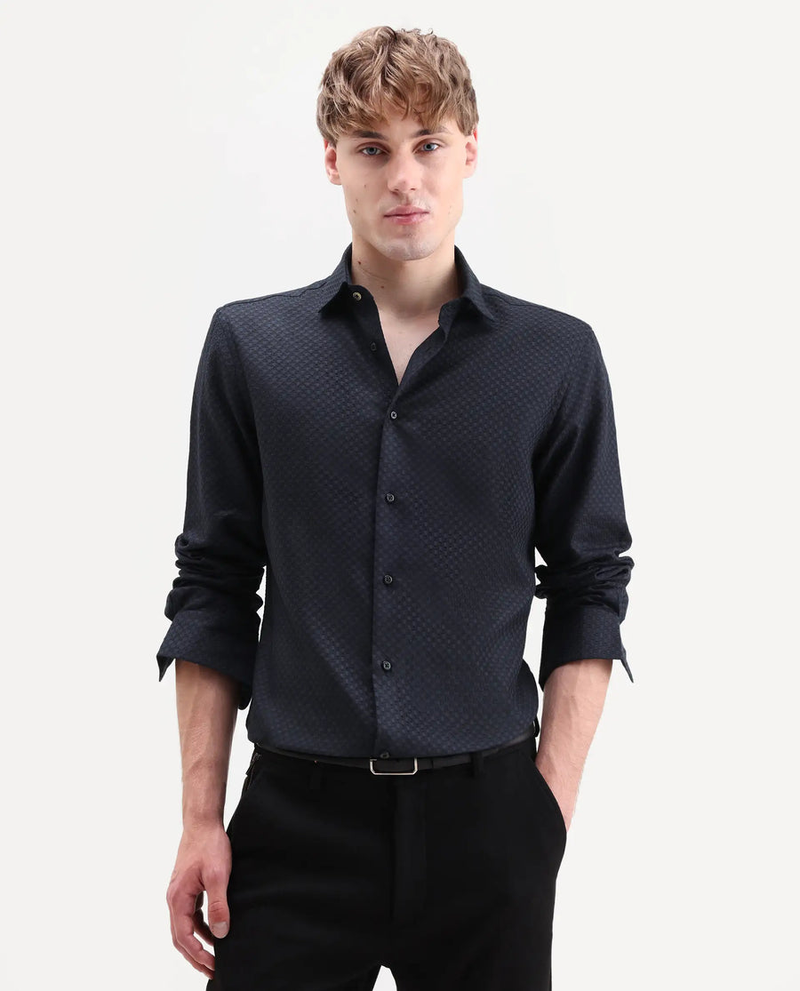 Rare Rabbit Men's Juxe-26-Ls Dark Navy Cotton Fabric Full Sleeve Spread Collar Button Regular Textured Shirt