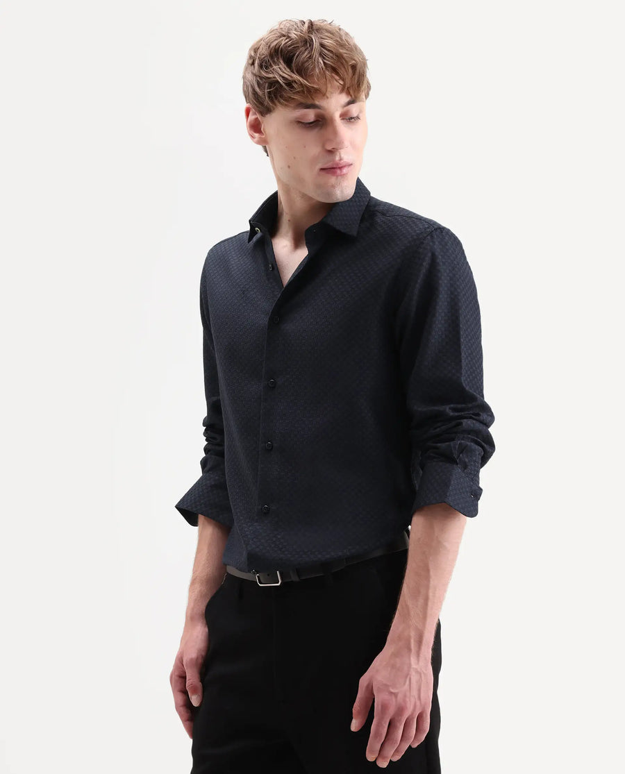 Rare Rabbit Men's Juxe-26-Ls Dark Navy Cotton Fabric Full Sleeve Spread Collar Button Regular Textured Shirt
