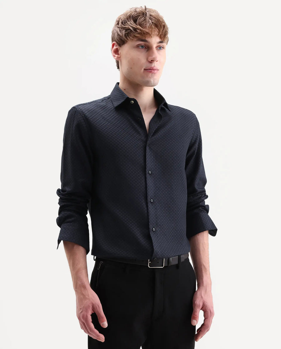 Rare Rabbit Men's Juxe-26-Ls Dark Navy Cotton Fabric Full Sleeve Spread Collar Button Regular Textured Shirt