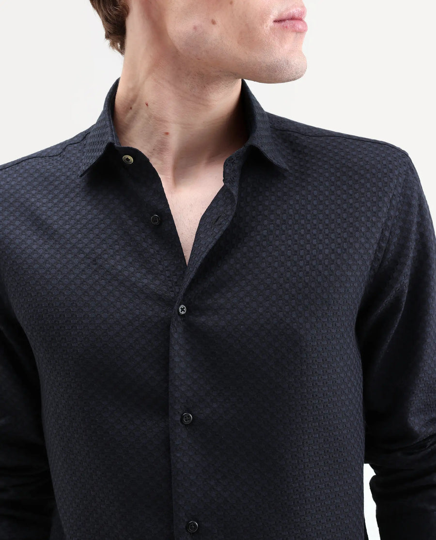 Rare Rabbit Men's Juxe-26-Ls Dark Navy Cotton Fabric Full Sleeve Spread Collar Button Regular Textured Shirt