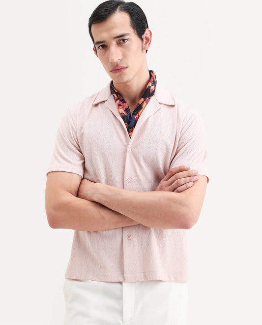 Rare Rabbit Men's Thea Light Pink Cotton Blend Fabric Half Sleeve Cuban Collar Relaxed Fit Jacquard Shirt