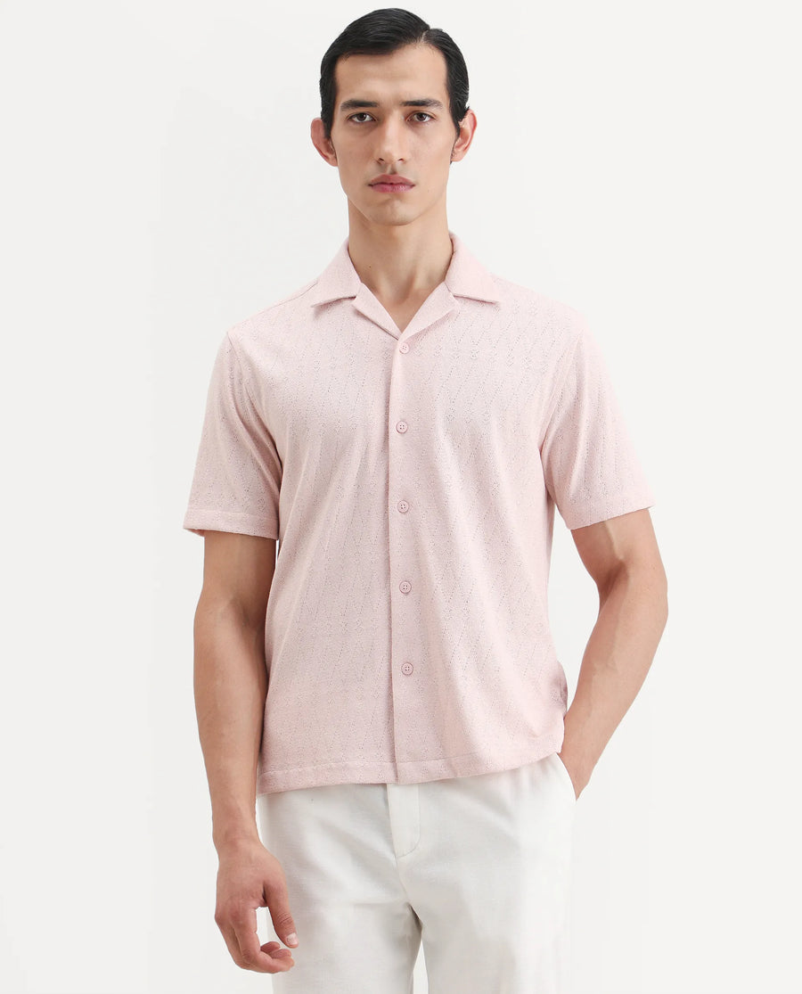 Rare Rabbit Men's Thea Light Pink Cotton Blend Fabric Half Sleeve Cuban Collar Relaxed Fit Jacquard Shirt