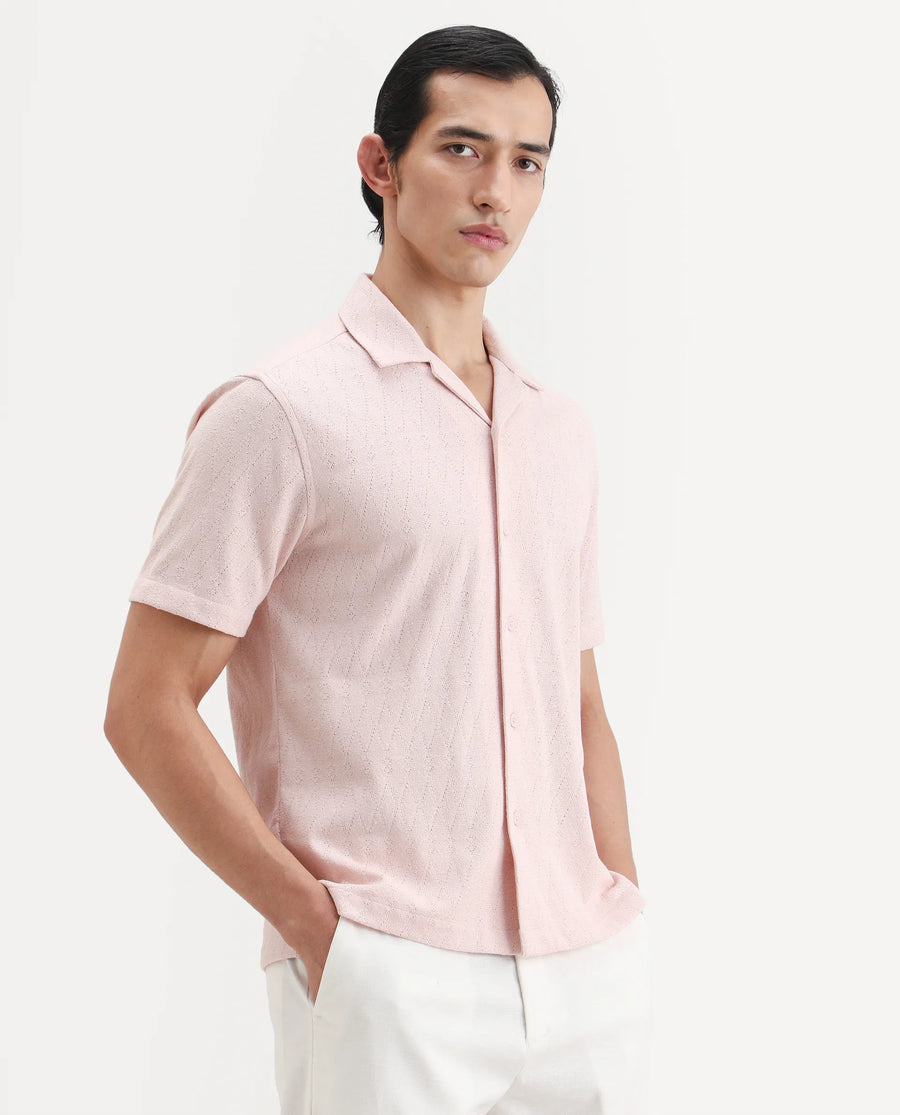 Rare Rabbit Men's Thea Light Pink Cotton Blend Fabric Half Sleeve Cuban Collar Relaxed Fit Jacquard Shirt