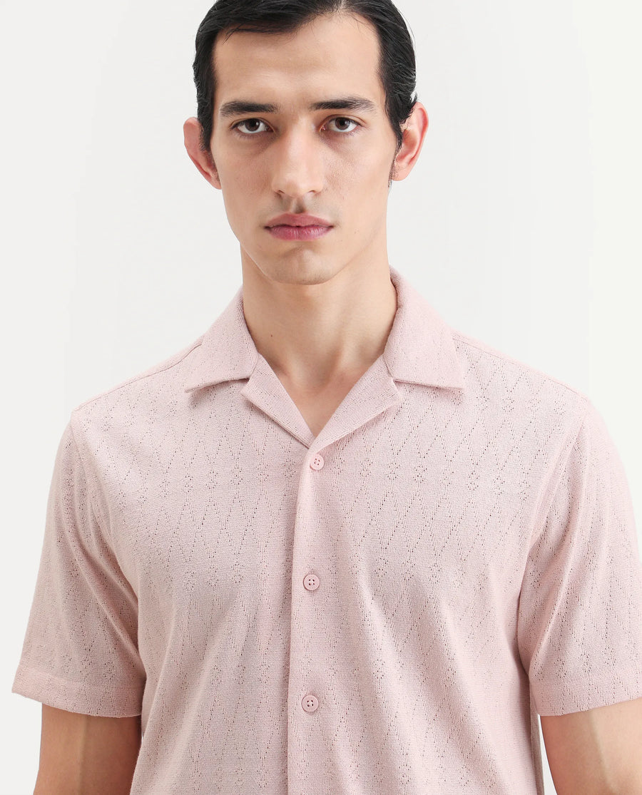Rare Rabbit Men's Thea Light Pink Cotton Blend Fabric Half Sleeve Cuban Collar Relaxed Fit Jacquard Shirt