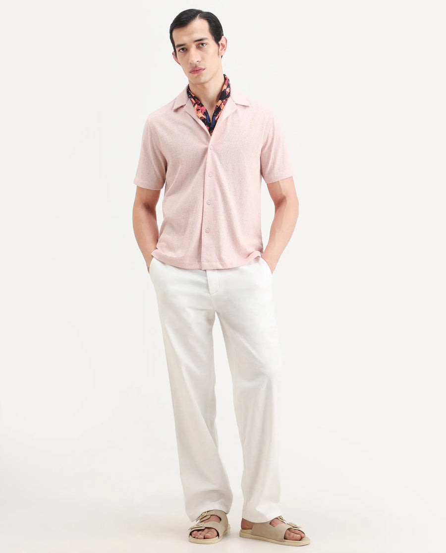Rare Rabbit Men's Thea Light Pink Cotton Blend Fabric Half Sleeve Cuban Collar Relaxed Fit Jacquard Shirt