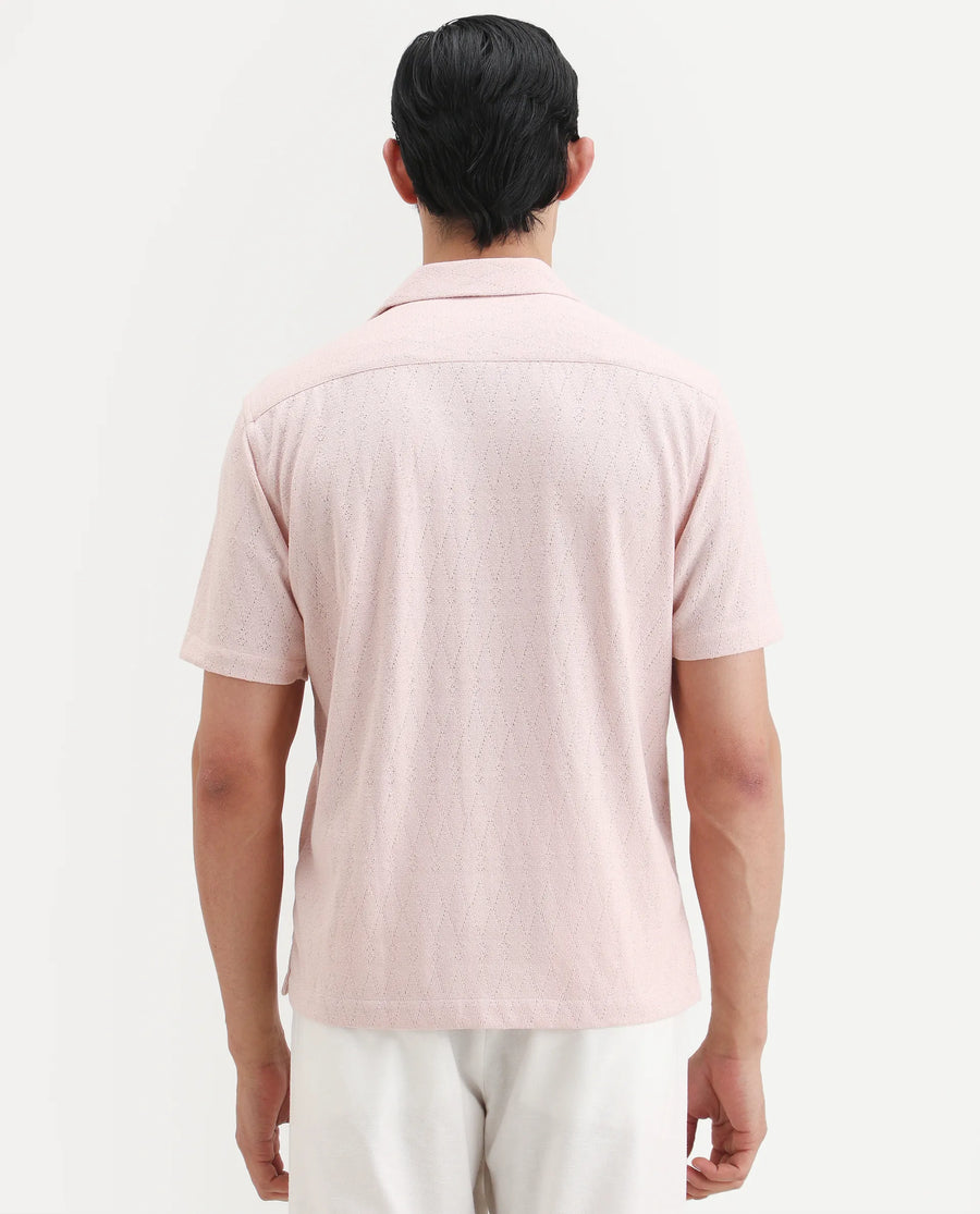 Rare Rabbit Men's Thea Light Pink Cotton Blend Fabric Half Sleeve Cuban Collar Relaxed Fit Jacquard Shirt