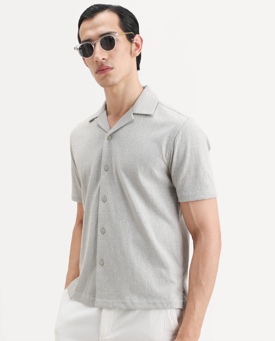 Rare Rabbit Men's Thea Light Grey Cotton Blend Fabric Half Sleeve Cuban Collar Relaxed Fit Jacquard Shirt