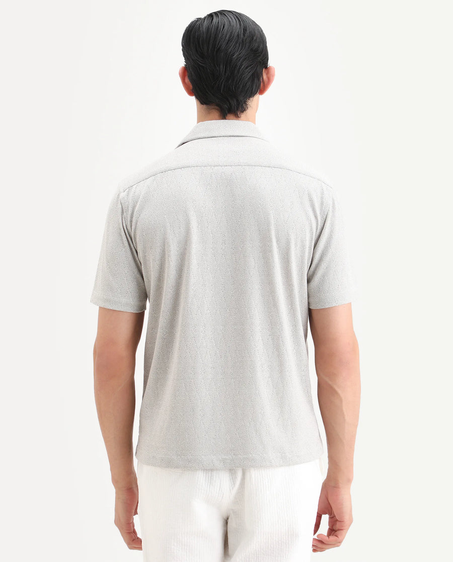 Rare Rabbit Men's Thea Light Grey Cotton Blend Fabric Half Sleeve Cuban Collar Relaxed Fit Jacquard Shirt