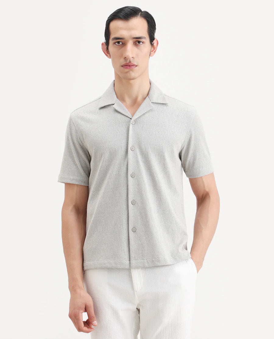 Rare Rabbit Men's Thea Light Grey Cotton Blend Fabric Half Sleeve Cuban Collar Relaxed Fit Jacquard Shirt
