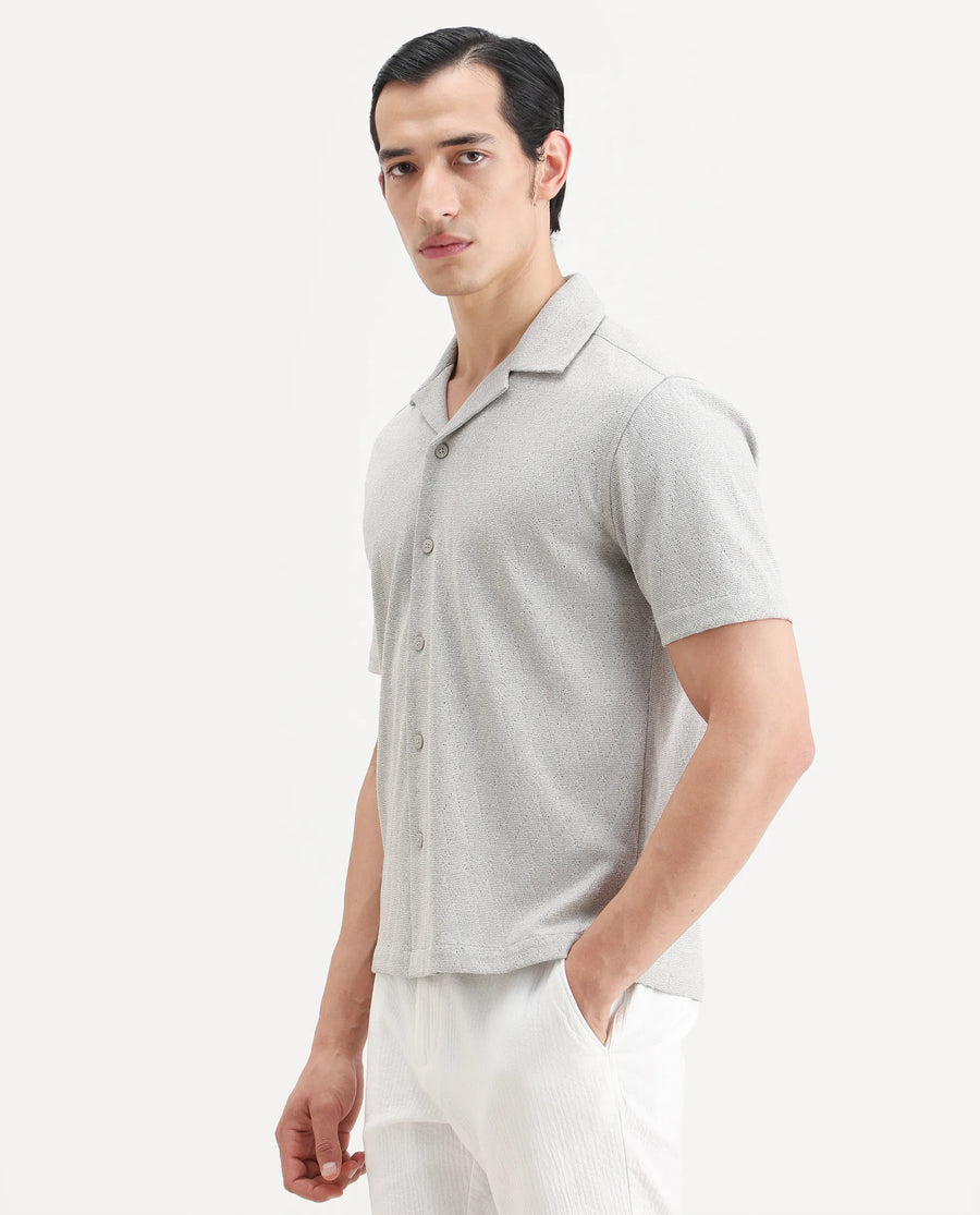 Rare Rabbit Men's Thea Light Grey Cotton Blend Fabric Half Sleeve Cuban Collar Relaxed Fit Jacquard Shirt