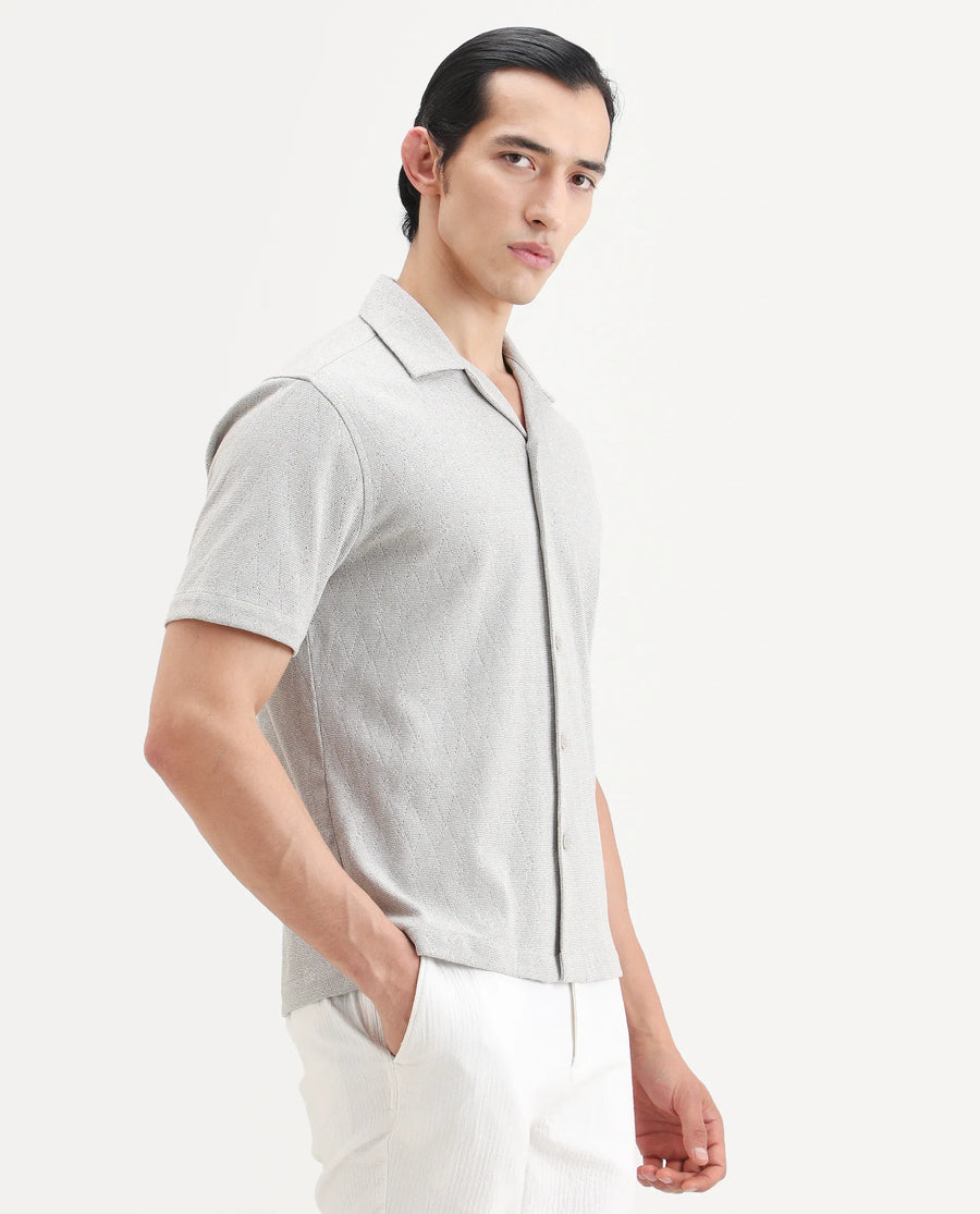 Rare Rabbit Men's Thea Light Grey Cotton Blend Fabric Half Sleeve Cuban Collar Relaxed Fit Jacquard Shirt