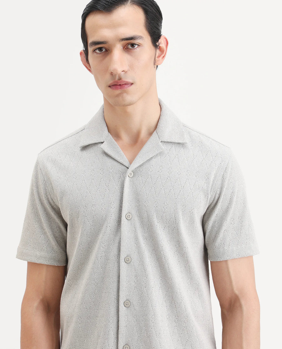Rare Rabbit Men's Thea Light Grey Cotton Blend Fabric Half Sleeve Cuban Collar Relaxed Fit Jacquard Shirt