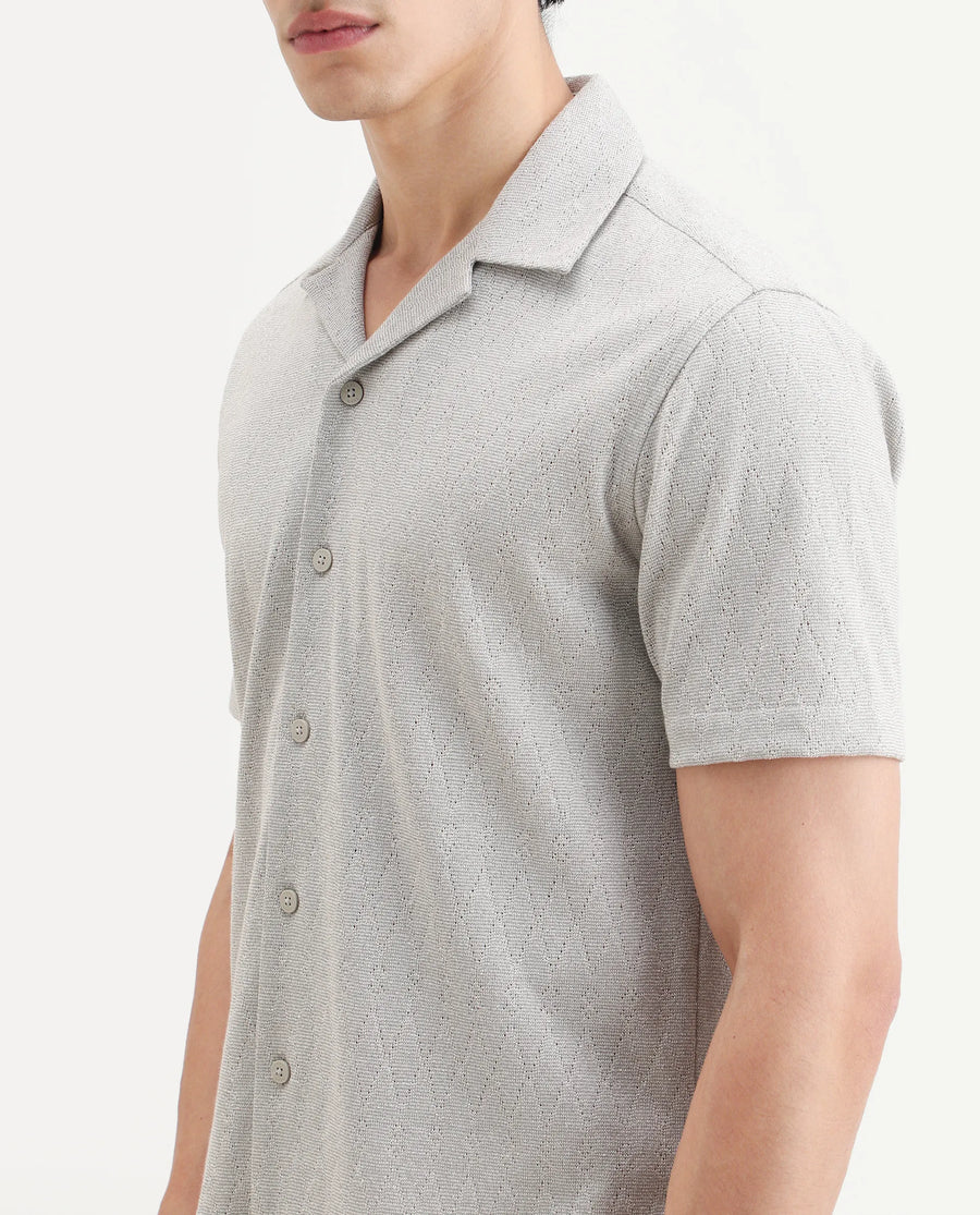 Rare Rabbit Men's Thea Light Grey Cotton Blend Fabric Half Sleeve Cuban Collar Relaxed Fit Jacquard Shirt