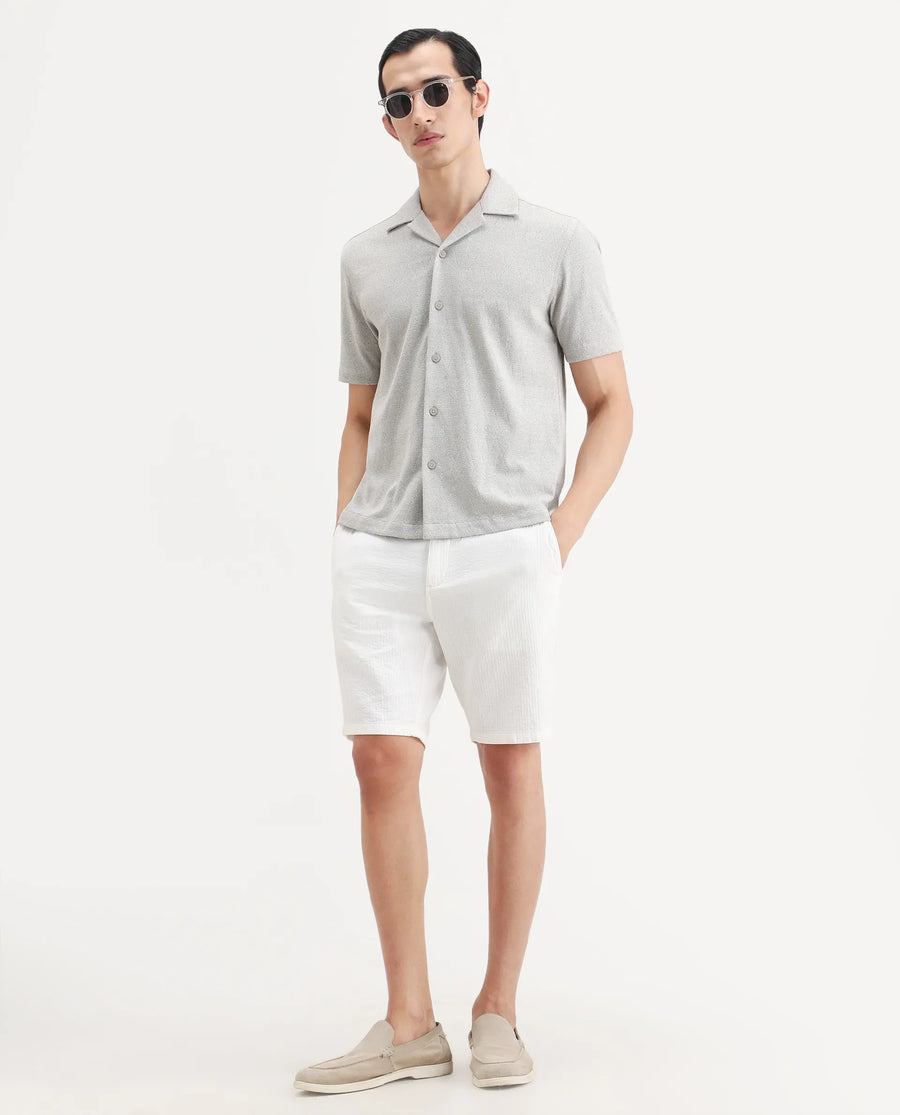Rare Rabbit Men's Thea Light Grey Cotton Blend Fabric Half Sleeve Cuban Collar Relaxed Fit Jacquard Shirt