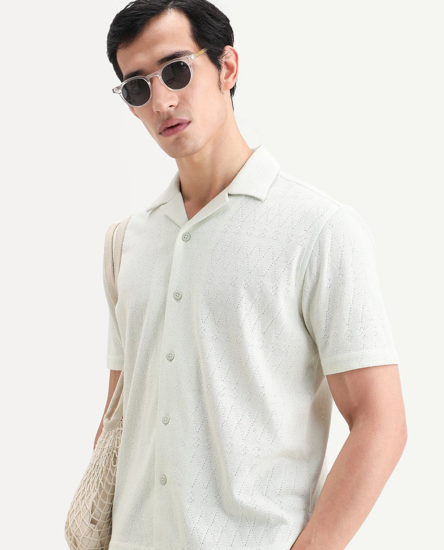 Rare Rabbit Men's Thea Flourscent Green Cotton Blend Fabric Half Sleeve Cuban Collar Relaxed Fit Jacquard Shirt