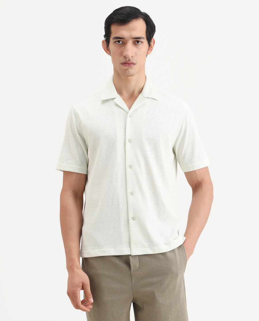 Rare Rabbit Men's Thea Flourscent Green Cotton Blend Fabric Half Sleeve Cuban Collar Relaxed Fit Jacquard Shirt