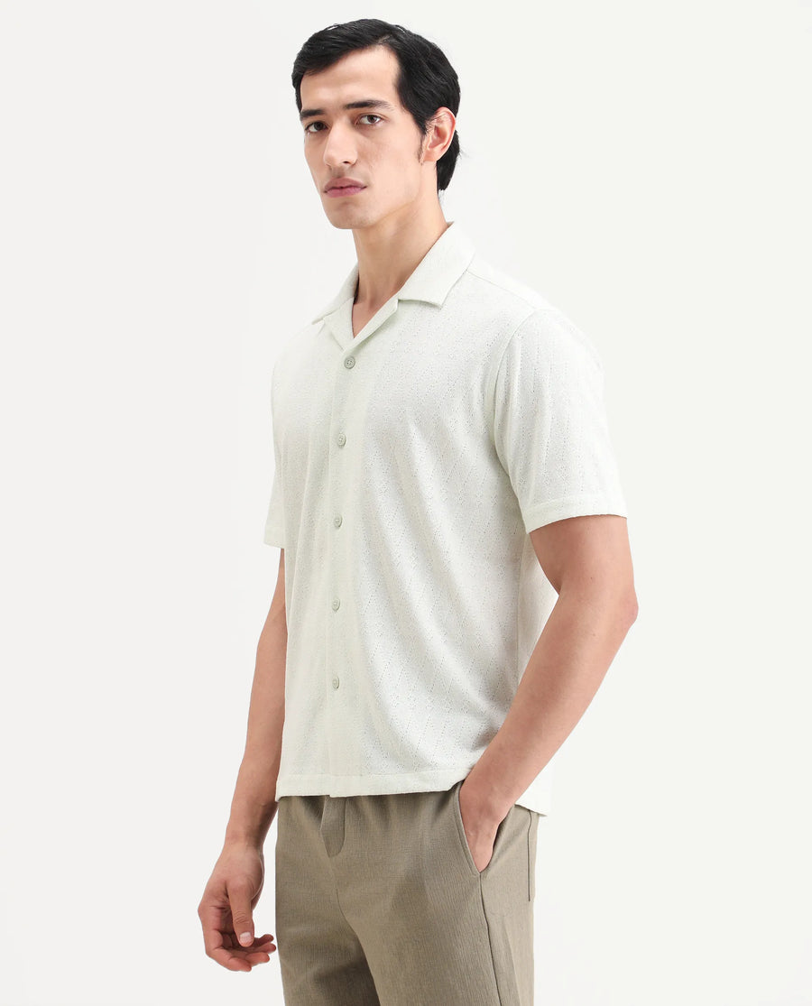 Rare Rabbit Men's Thea Flourscent Green Cotton Blend Fabric Half Sleeve Cuban Collar Relaxed Fit Jacquard Shirt