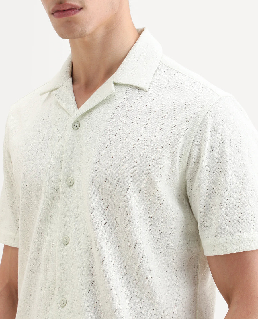 Rare Rabbit Men's Thea Flourscent Green Cotton Blend Fabric Half Sleeve Cuban Collar Relaxed Fit Jacquard Shirt
