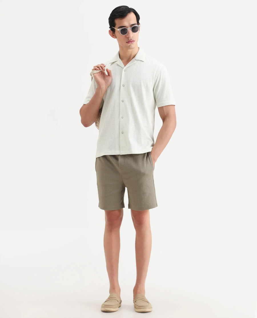 Rare Rabbit Men's Thea Flourscent Green Cotton Blend Fabric Half Sleeve Cuban Collar Relaxed Fit Jacquard Shirt