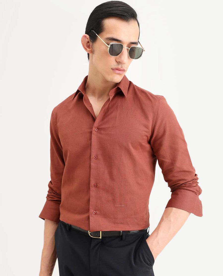 Rare Rabbit Men's Linox Light Rust Cotton Blend Fabric Full Sleeve Spread Collar Regular Fit Plain Shirt