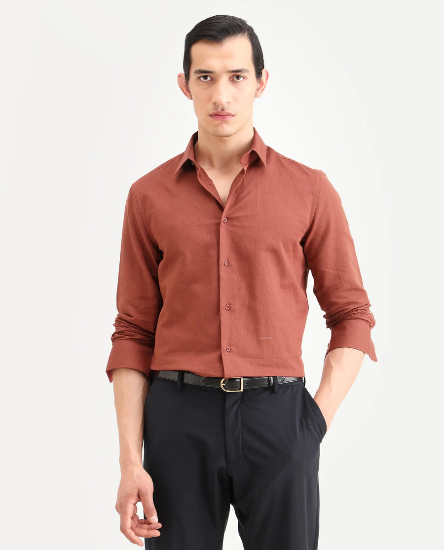 Rare Rabbit Men's Linox Light Rust Cotton Blend Fabric Full Sleeve Spread Collar Regular Fit Plain Shirt