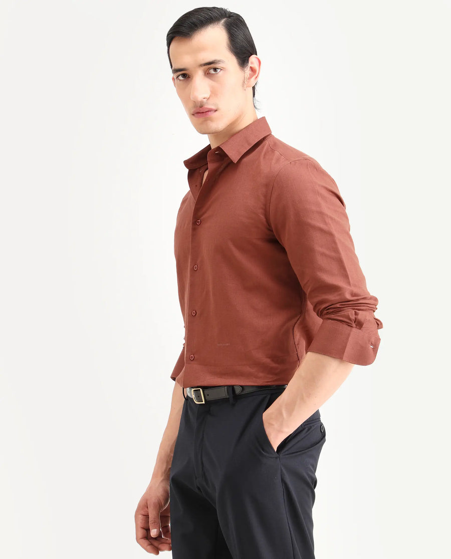Rare Rabbit Men's Linox Light Rust Cotton Blend Fabric Full Sleeve Spread Collar Regular Fit Plain Shirt