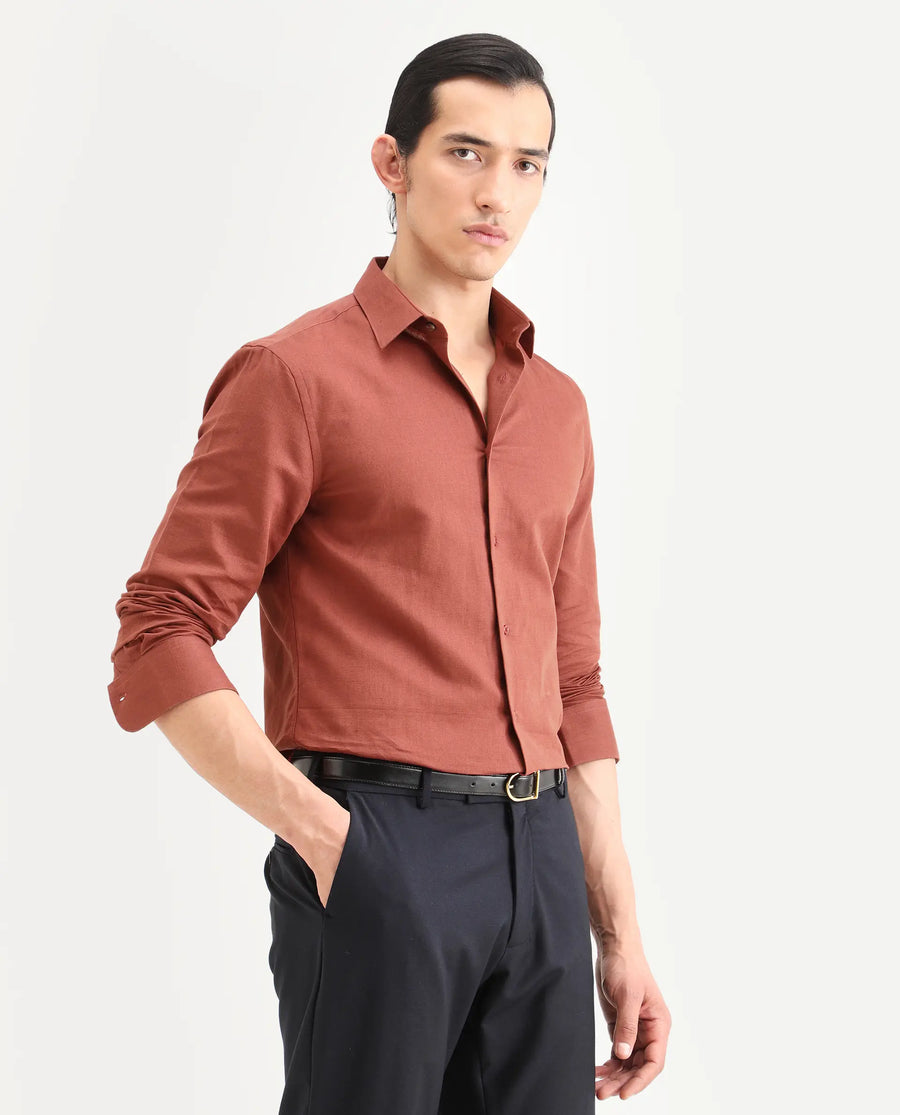 Rare Rabbit Men's Linox Light Rust Cotton Blend Fabric Full Sleeve Spread Collar Regular Fit Plain Shirt