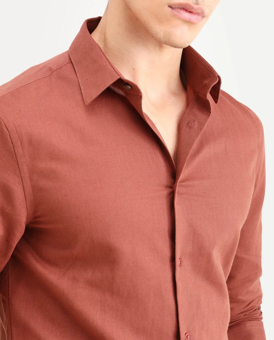Rare Rabbit Men's Linox Light Rust Cotton Blend Fabric Full Sleeve Spread Collar Regular Fit Plain Shirt
