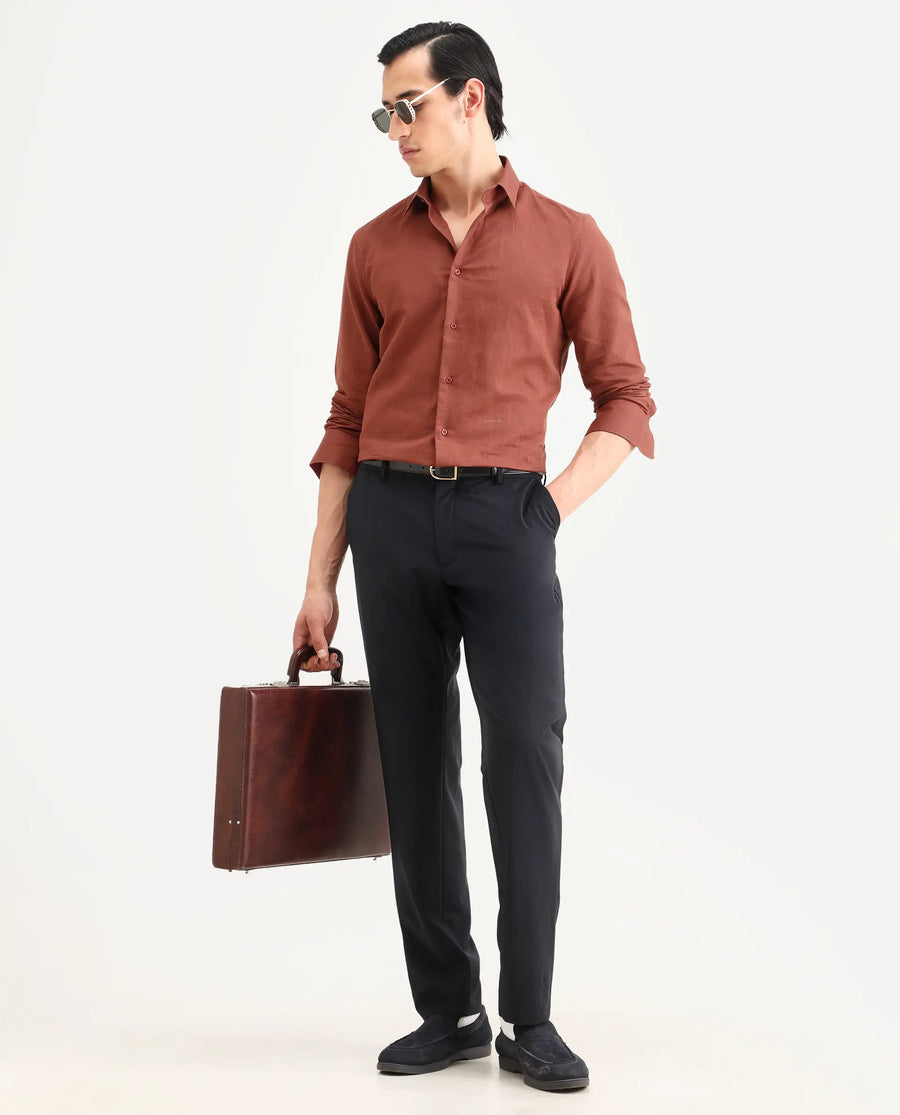 Rare Rabbit Men's Linox Light Rust Cotton Blend Fabric Full Sleeve Spread Collar Regular Fit Plain Shirt