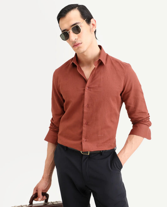 Rare Rabbit Men's Linox Light Rust Cotton Blend Fabric Full Sleeve Spread Collar Regular Fit Plain Shirt