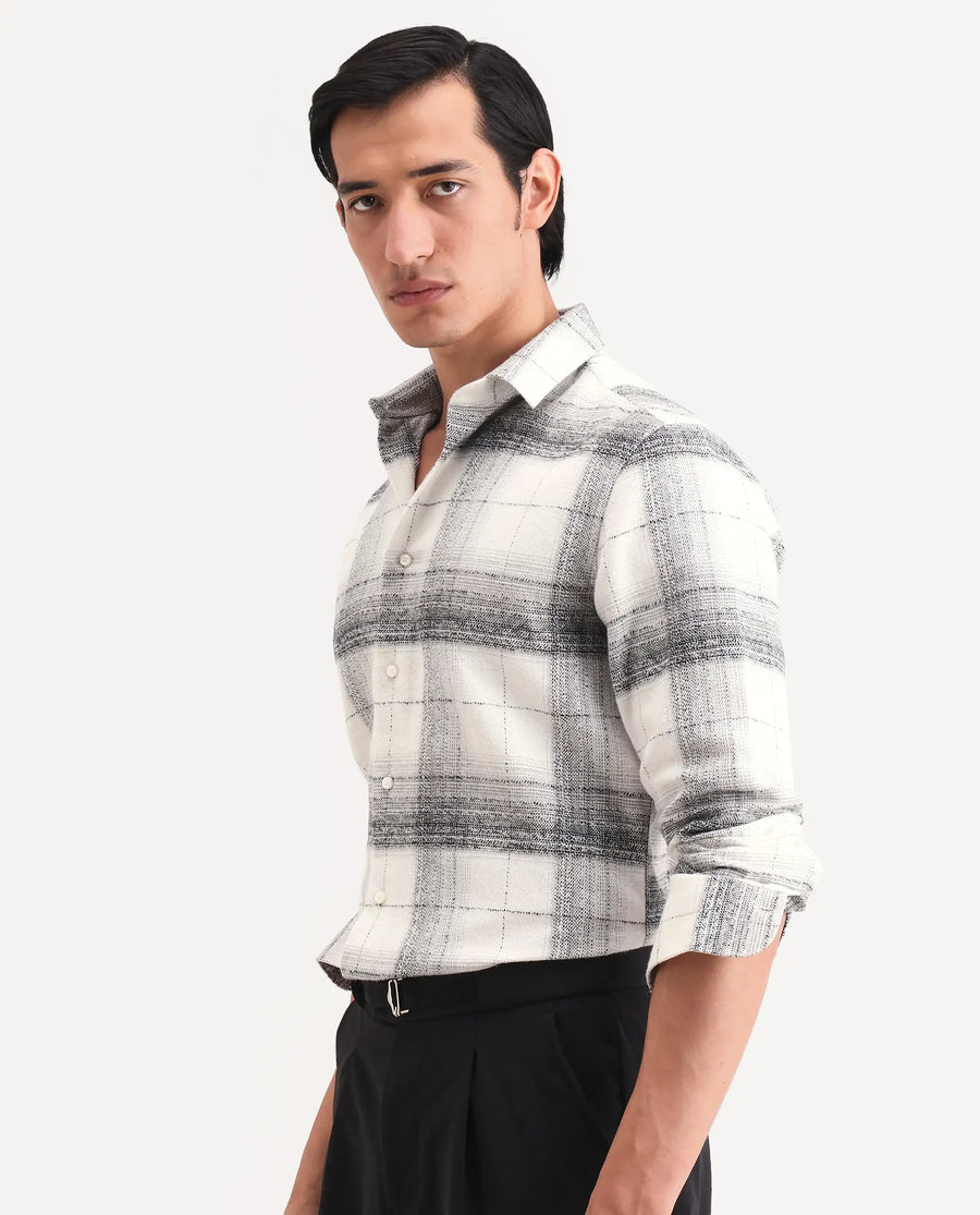 Rare Rabbit Men's Mojelle Off White Cotton Blend Fabric Full Sleeve Spread Collar Regular Fit Checked Shirt