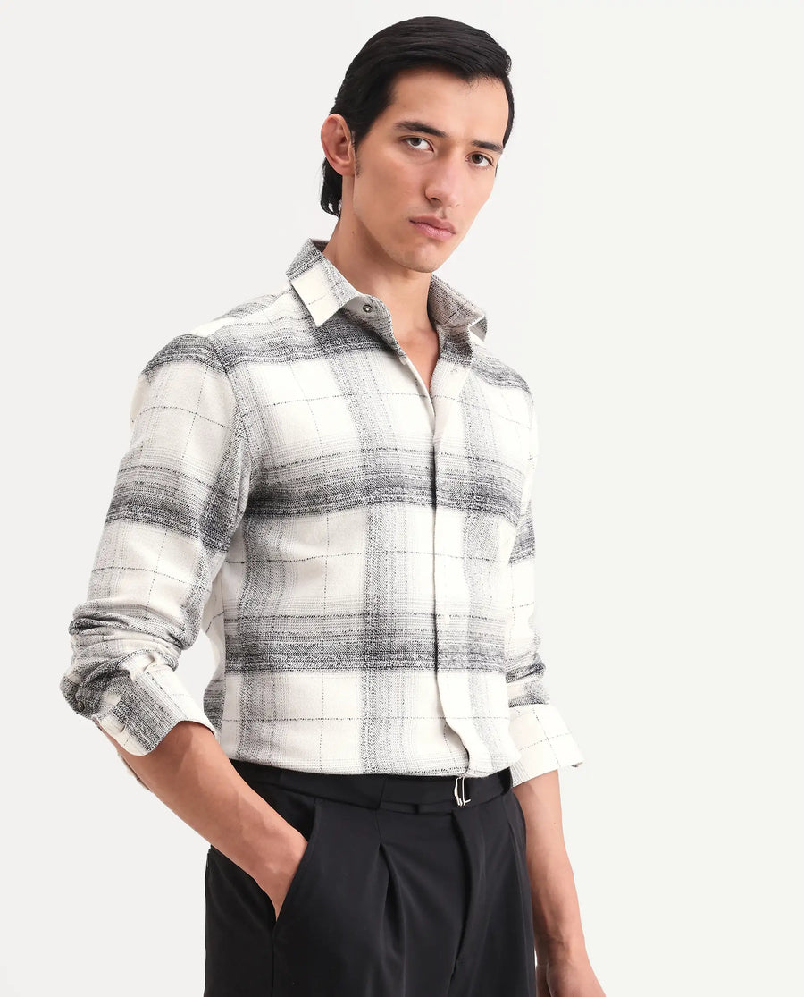 Rare Rabbit Men's Mojelle Off White Cotton Blend Fabric Full Sleeve Spread Collar Regular Fit Checked Shirt