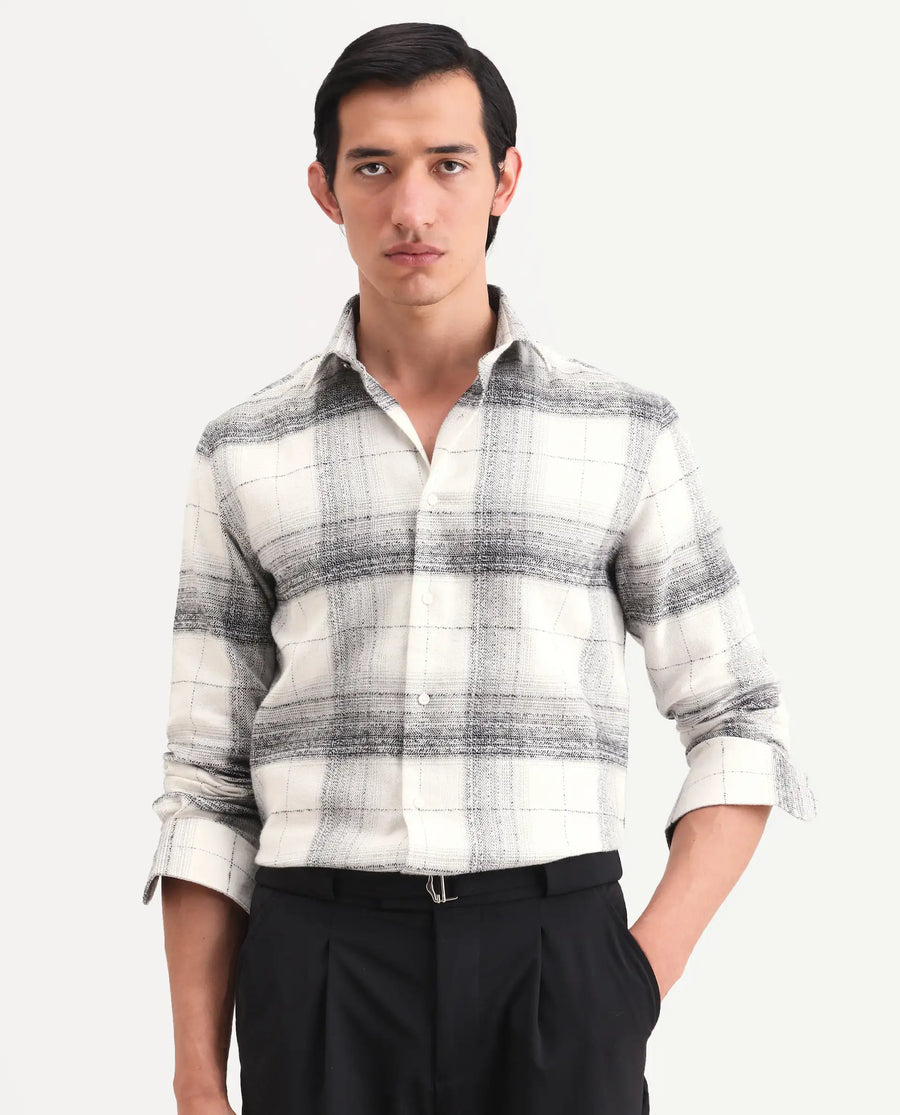 Rare Rabbit Men's Mojelle Off White Cotton Blend Fabric Full Sleeve Spread Collar Regular Fit Checked Shirt