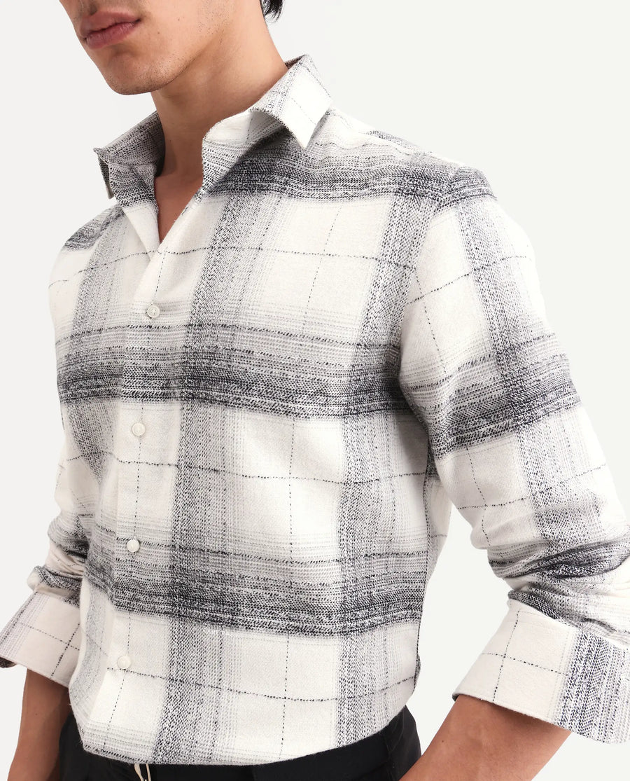 Rare Rabbit Men's Mojelle Off White Cotton Blend Fabric Full Sleeve Spread Collar Regular Fit Checked Shirt